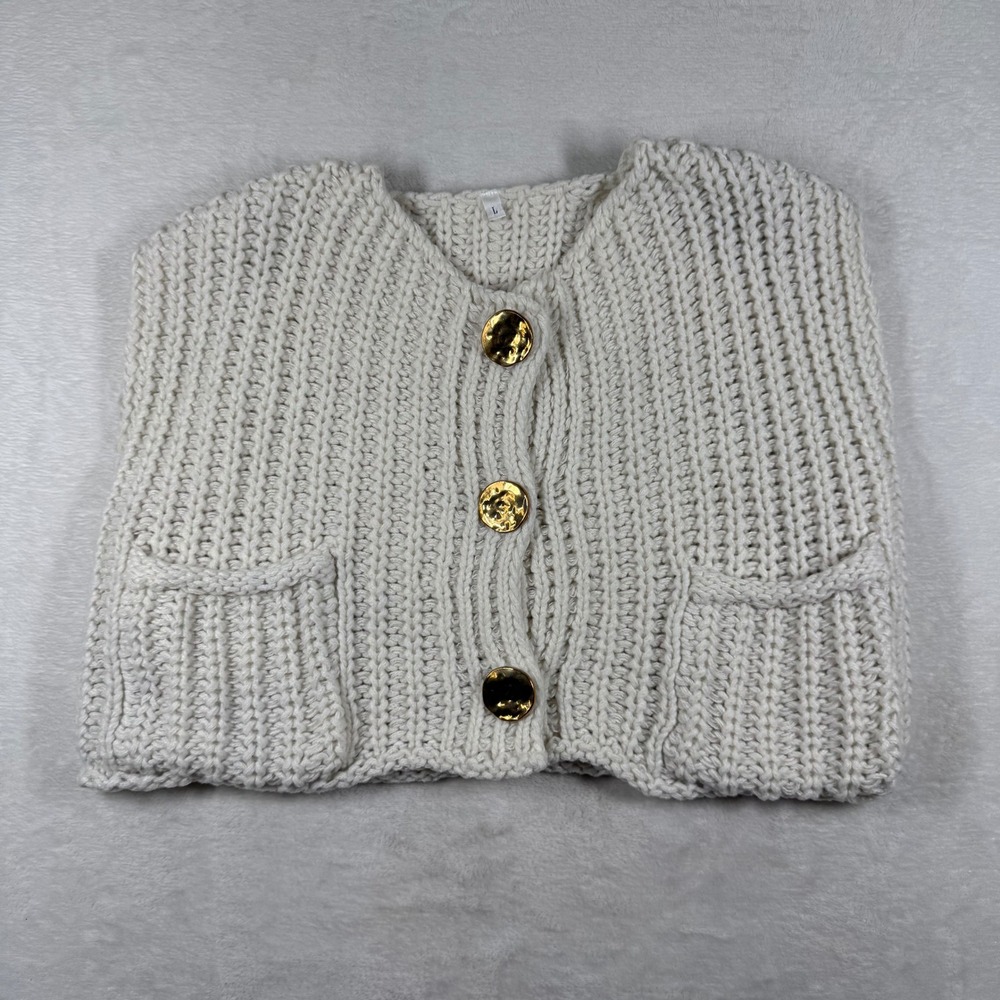 Cream Chunky Ribbed Knit Cardigan Vest Gold Buttons Pockets Size L 9047
